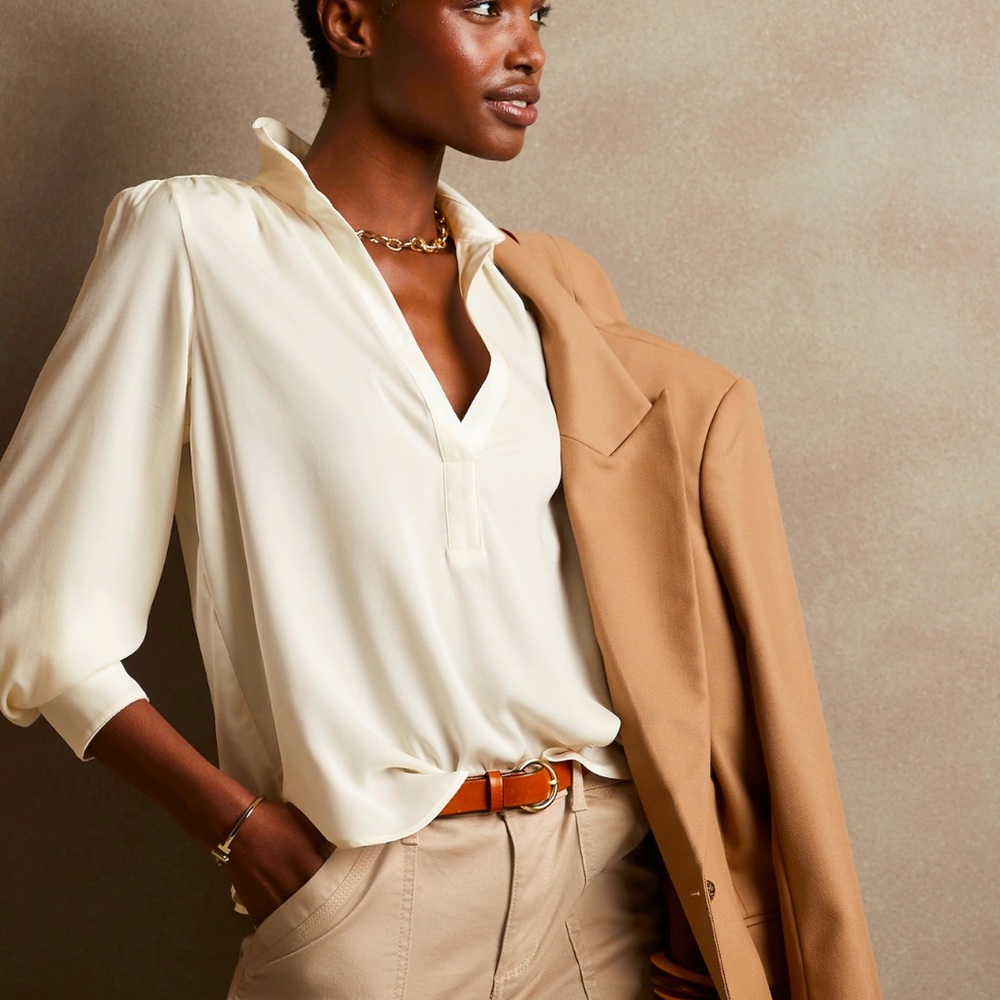 Cream White silk collared shirt